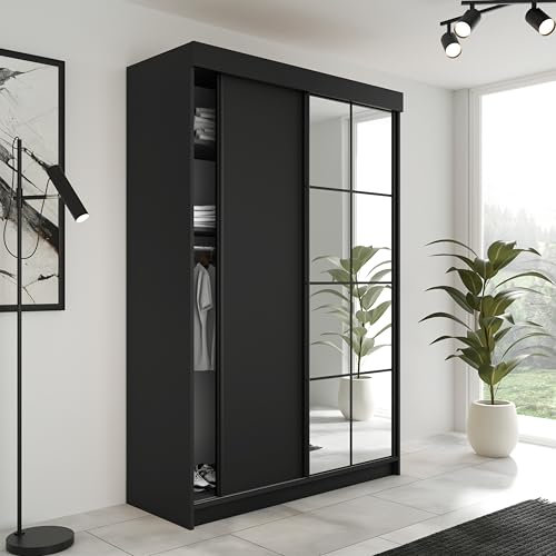 KIER FURNITURE Schiebegarderobe LAMARO mit Spiegel - Schrank Schlafzimmer – Schlafzimmerschrank – Wardrobe Bedroom – Kleiderschränke – Kleiderschrank - 138x205x59 - Schwarz