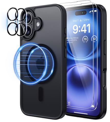 seacosmo 5 in 1 Magnetic for iPhone 16 Plus Case with 2X HD Screen Protector + 2X Camera Lens Protector, [15 FT Grade Protection] Shockproof Phone Cover for iPhone 16+ Plus 6.7 Inch, Matte Black