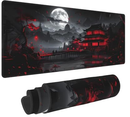 Tapis de souris japonais XL 80 x 30 cm - Style design - Grand tapis de souris de jeu étendu - Pour clavier - Base en caoutchouc antidérapant - Bords cousus - Pour la maison et le bureau - Noir/rouge