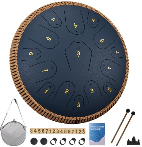 Steel Tongue Drum - 14 Zoll 15 Noten Zungentrommel für Erwachsene - Hand Pan Drum mit Notenbuch, Handpan Musikinstrument Schlägel und Tragetasche, C-Dur, Marineblau
