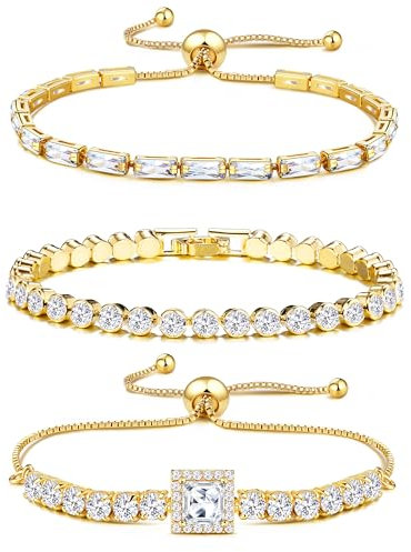JeweBella 3 Pièces Tennis Bracelet Femme Zirconium Cubique Bracelet Diamant Bracelet Réglable Brillant Empilable Bracelets Tennis Argent Or