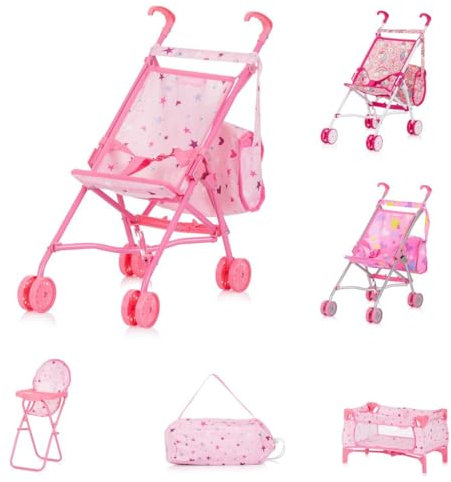 Chipolino Puppen-Zubehör-Set 3in1 Trixy Buggy Hochstuhl Tasche Laufstall faltbar, Farbe:rosa Sterne