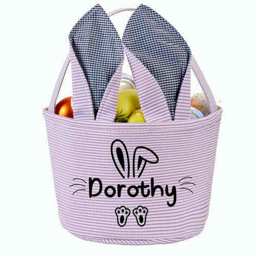 Thinocusty Personalisierte Osterkörbe – Osterhasenkorb mit Hasenohren und Griff, Seersucker-Eiersuche, Hasenbeutel, ideal für Ostereier-Spiele