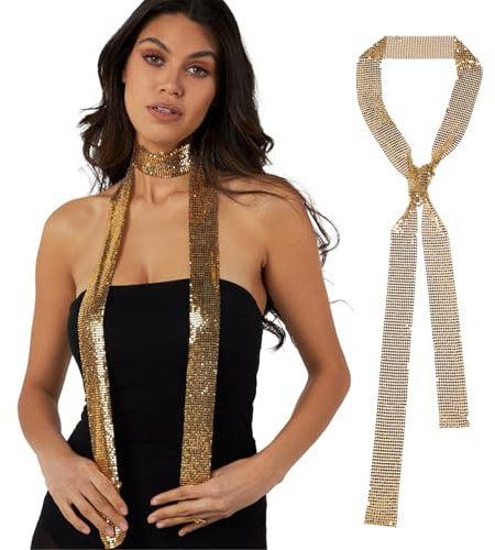 JK Home Foulard Paillette Métal Femme Echarpe Longue Etroite | Cravate Brillante Couleur Uni Cosplay Carnaval Costume Mariage
