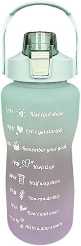 2L Sports Water Bottle with Straw Motivational Hydration Bottle for Gym Hiking Camping Leak Proof Lockable Lid Time Marking Removable Handle Portable Design Outdoor Canteen for Travel Fitness (green)