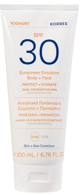 KORRES YOGHURT Sonnenschutz-Emulsion für Körper & Gesicht SPF30, 200ml | schnell einziehend, spendet lang anhaltende Feuchtigkeit, wasserresistent, UVA & UVB-Schutz, transparentes Finish