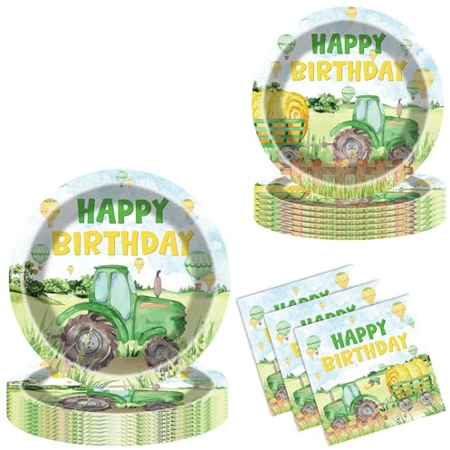 Tractor Birthday Decorations Tableware Set - 96 Pcs Digger Plate Set Including Farm Truck Dinnerware Set Green Paper Plate Napkin for Kids Boys Party Supplies Serves 24 Guests