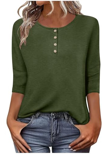 3/4 Sleeve Tops for Women UK Plain T Shirts Casual Crew Neck Button Up Henley Tunic Tops Lightweight Elegant Three Quarter Sleeve Tshirts Loose Basic Tees Ladies Top Size 8-16