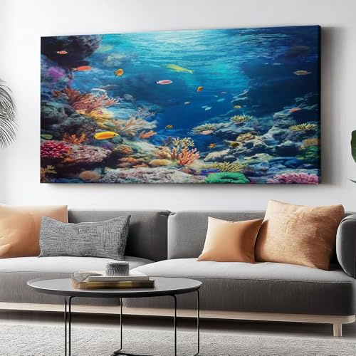 Bild auf Leinwa 150L x50B cm Modern Bild auf Vlies Leinwand Unterwasser Korallen Unterwasserlebewesen Deko Geschenk Wohnzimmer Schlafzimmer Wandbild Bunt