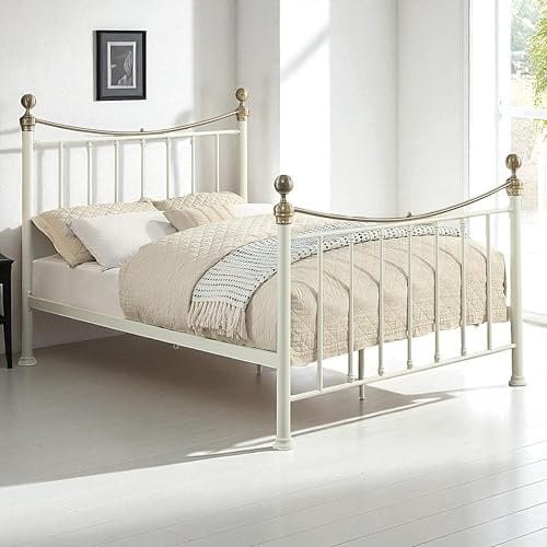 OAT Home Hampstead Victorian Metal Bed Frame in Black or White - Polished Brass Effect Details Single/Small/Double/King Size (White, King (U.K. Standard))