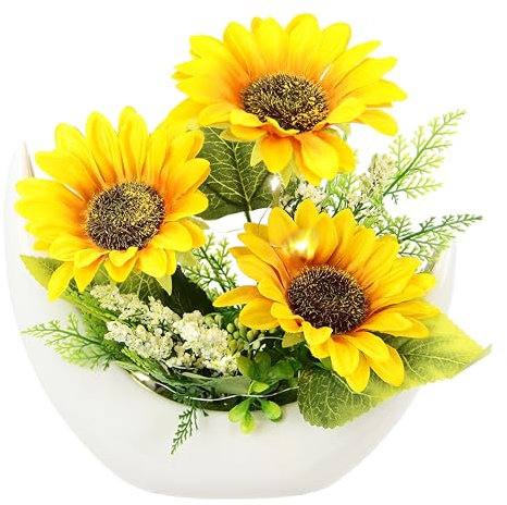 Kunstblume-Arrangement Sonnenblumen in Schale mit LED-Licht Herbstgesteck Herbstliche Blumen Kunstpflanze Gesteck Halloween Thanksgiving Deko Blumendeko Herbstblumen Dekoblumen Tischdeko Mittelstück