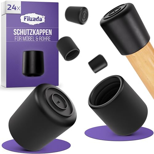 Filzada® 24x Stuhlbeinkappen Rund D25mm Schwarz - Gummikappen Stuhlbeine | Schutzkappen für Stuhlbeine Outdoor - Gummifuß Stuhl / Gartenstuhl rutschfest, UV-beständig, wasserdicht - Rohrkappen