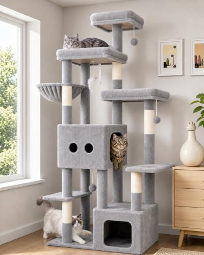 Globlazer Árbol Rascador XXL para Gatos Grandes 203 cm con 2 Nidos Grande 45*40*35cm, 3 Plataforma Amplio, Tablero Sisal, Cesta, Enorme Arbol Rascador para Gatos Adultos Interior (F80E, Gris Claro)