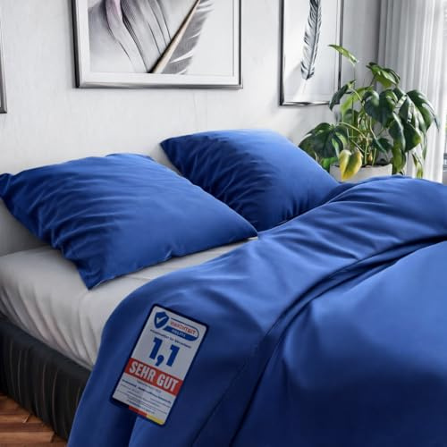 Wolkenfeld Bettwäsche 155x220 Baumwolle Reforcè Oeko-TEX – Bettwäsche-Sets Mit Bettbezug 155x220 & Kissenbezug 80x80 – Atmungsaktiv & Pflegeleicht – Bettwäsche Mit Reißverschluss – Marine Blau