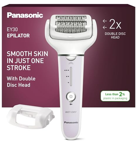 Panasonic ES-EY30-V511 Wet and Dry Epilator, Double Disc with 60 Tweezers, Flexible 90° Pivoting Head, 3 Speed Settings & LED Light, Up to 30 Minutes Operation Time, Cordless, Hair Remover