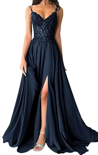 Damen Chiffon Ballkleider Spaghettiträger Spitzenapplikationen Abendkleider Elegant für Hochzeit A-Linie Ballkleid mit Schlitz