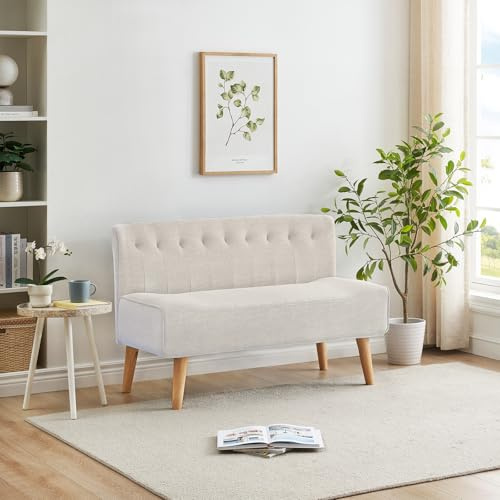 OPULENTHOME Canapé Deux Places sans accoudoirs, Petit canapé rembourré, Banquette capitonnée avec Pieds en Bois, Mini-canapé Moderne pour Cuisine, Salle à Manger, Salon ou Petits espaces, Beige