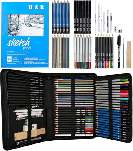 KIKIGOAL 72PCS Drawing & Sketching Set with Coloured Pencils | Includes graphite, charcoal, coloured pastel & watercolour pencils. Sketchbook & storage bag. For beginners & professionals.