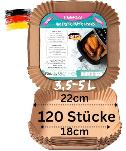 Triple k&s Backpapier für Heißluftfritteuse 3,5-5 L, 120 Stück 18x18 cm Eckig Air fryer Papier Antihaft Einwegschalen Luftfritteuse Pergamentpapier Liner Kompatibel mit Philips COSORI Cecotec Airfryer