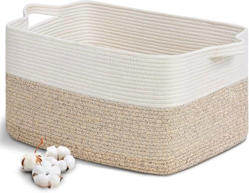 Grand Panier à Linge Tressé en Coton, 63L, avec Anse, 55x30 cm Corbeille à Linge de Corde en Coton, Panier de Rangement Pliables, pour Vêtements, Jouets, Linge, Salon, Chambre, la Salle de Bain
