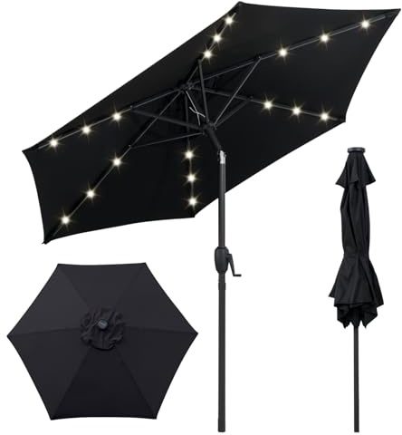 COSTWAY Parasol de Jardin Extérieur Ø 230 CM, Parasol Inclinable Lumineux Solaire, Bouton-Poussoir, Manivelle, Toit Ventilé, Cadre en Métal, pour Balcon Jardin Terrasse (230 x 230 x 225 cm,Noir)