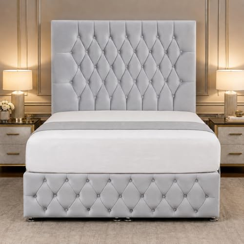 UK Beds Monaco Ottoman Bed Frame with Gas Lift Storage, Luxury Upholstered Buttoned Bed, 54 Inch Tall Headboard, Hidden Under Bed Storage, Fabric Bed Frame (Silver, King)