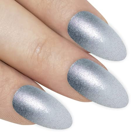 Bling Art Almond False Nails Silver Gel Ombre Almond Stiletto 24 Fake Acrylic Tips