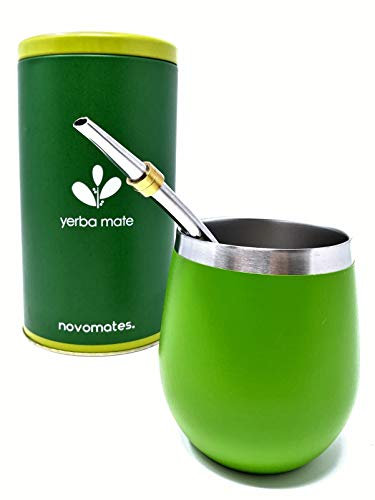 Novomates Kit Mate Argentino - Mate y Bombilla más Contenedor Yerba Mate (500 gr) - Kit Mate Acero Inoxidable Doble Pared, Bombilla Mate - 237ml (Verde)