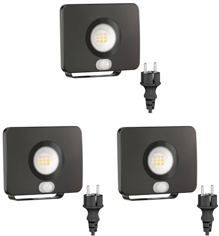 ledscom.de 3 Stück LED Gartenstrahler WEGA für außen, IP44, Bewegungsmelder, Stecker, schwarz, 11,9 W, 880lm, weiß