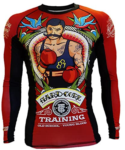 Hardcore Training Old Tattoo Manner Herren Rashguard Kompression Lange Armel Jiu Jitsu MMA No-Gi Enge BJJ Grappling Basisschicht Kampf