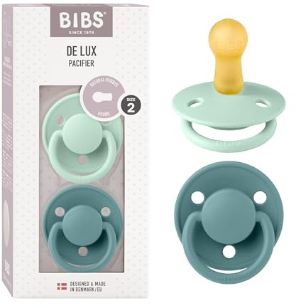 BIBS De Lux Schnuller, 6-18 Monate, 2er-Pack, Nordic Mint/Island Sea | Runder Sauger | Naturkautschuklatex | Größe 2 | BPA-frei | Hergestellt in Dänemark | Hohe Akzeptanz | Luftlöcher
