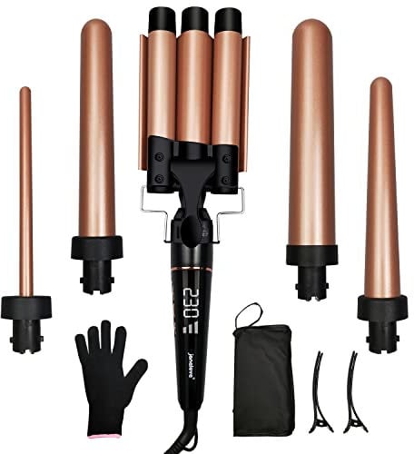 janelove Hair Curler, Curling Wand, with 3 Barrel Hair Waver, from 19 mm to 25mm Waver Curling Wand, LCD Display /180-450°F Temp Adjustment (Gold)