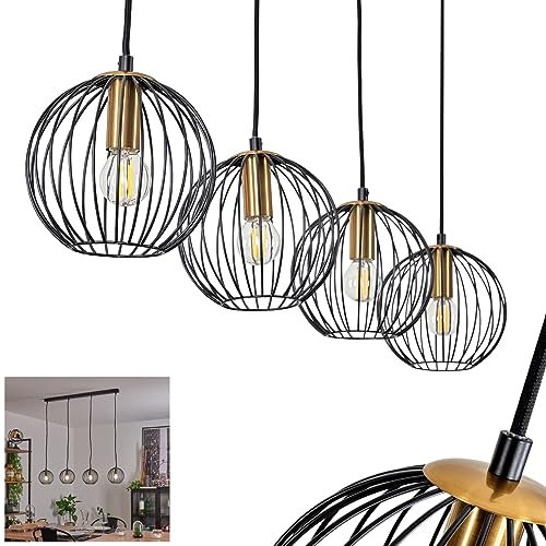 Pendelleuchte Buihomau, Hängelampe aus Metall in Schwarz/Messingfarben im Vintage Design, Pendellampe mit Schirmen in Gitter-Optik, Höhe max. 118 cm (verstellbar), 4-flammig, E27, ohne Leuchtmittel