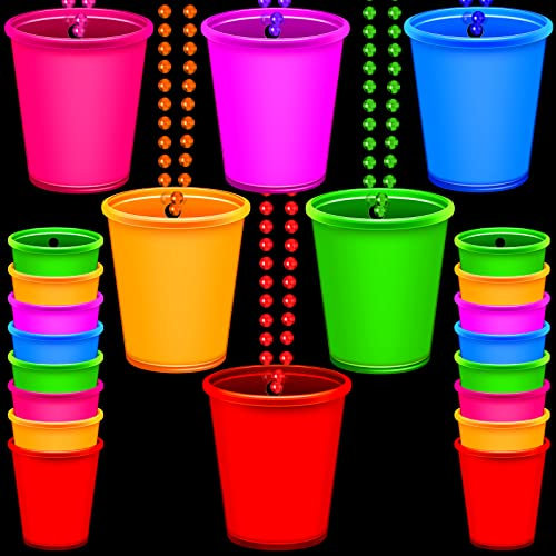 Sureio 12 Pieces Glow in the Dark Necklace Shot Glass Necklaces Glowing Neon Beaded Necklace Light up Cup Shaped for Weddings BBQ Beach Holidays Birthday Bachelorette Neon Party Supplies, 6 Colors