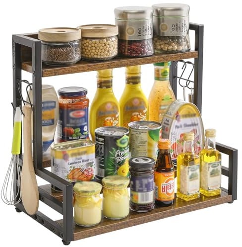 YMYNY Supporto Porta Spezie da Appoggio a 4 Livelli, Design a gradini, Organizzatore Da Banco Ultifunzionale, Portaspezie Mensola, Per Cucina, Ufficio, 43×24×39CM Marrone Rustico HSR003H