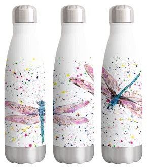 Vixar Dragonfly Dragonflies Watercolour rainbow art Bottle double Wall insulated Stainless steel sport Drinks 500ml WHITE Gift ideal for school work office Oudoor sports keeps Hot and Cold Drinks