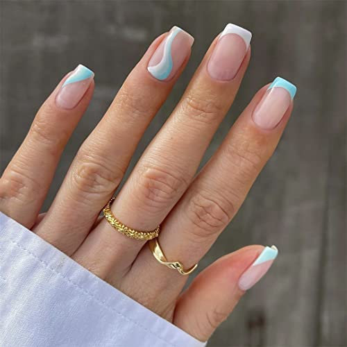 Sethexy Faux Ongles French Carré Court Ongles a coller Bleu Capsules Ongles Brillant 24 pièces Acrylique Ongles pour les femmes et les filles