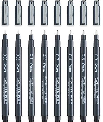 Pentel S20P Pointliner Pigment Liner Technisches Zeichnen Fineliner Pen – 0,03 mm, 0,05 mm, 0,1 mm, 0,2 mm, 0,3 mm, 0,4 mm, 0,5 mm, 0,8 mm – schwarze Tinte, 8 Stück