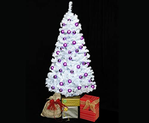 Weißer Weihnachtsbaum 180cm geschmückt mit lila Kugeln und LEDs von bambussi