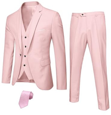 Hihawk, Completo da uomo in 3 pezzi con tessuto elasticizzato, tinta unita, slim fit, con un bottone, giacca, gilet e pantaloni con cravatta, Rosa chiaro, M