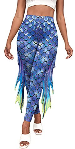 Shukqueen Damen Meerjungfrauen-Leggings, hohe Taille, Fischschuppen-Druck, mit Flossen, Halloween-Schlanke Hose, violett, blau, S