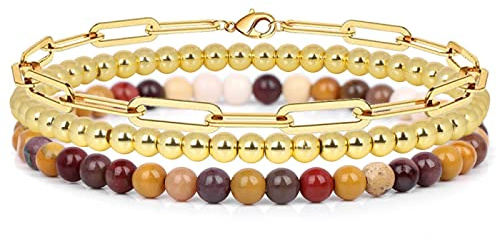 3-teiliges Armband-Set, 4 mm, Naturstein-Perlen-Armband-Set für Damen und Herren, Retro-Kette, Armreifen, Schmuck, Mookait, 19 cm