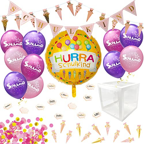 Oblique Unique® Schuleinführung Schulanfang Einschulung Deko Set für Jungen und Mädchen - Ballonbox + Girlanden + Ballons + Konfetti + Folienballon (Rosa)