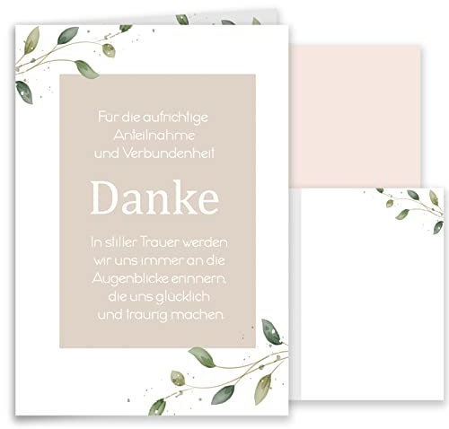 10 Danksagungskarten Trauer mit Text und Umschlag Dankeskarte Klappkarten Trauerkarten Danksagungskarte Kondolenzkarten Danke Beerdigung Anteilnahme Kondolenzkarte stilvoll Beige und Blätter