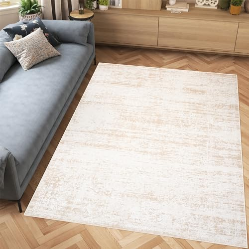 TAPISO Hera Teppich Kurzflor Glänzend Creme Beige Vintage Linien Abstrakt Meliert Verwischt 3D Effekt Wohnzimmer Schlafzimmer ÖKO-TEX 120 x 170 cm