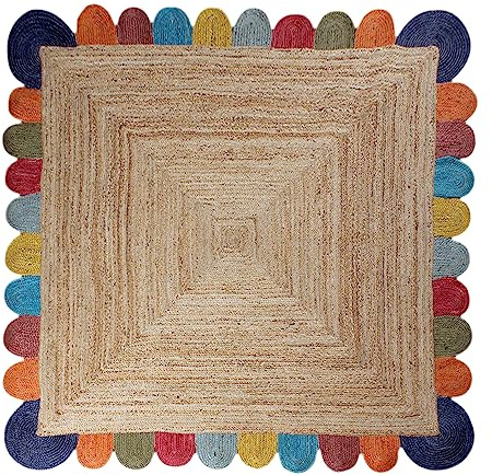 Kelim-Teppich mit gewelltem Rand, quadratisch, 122 cm, Beige und mehrfarbig, Cape Cod-Design, dick, 0,69 cm, handgeflochtenes Jute-Flachgewebe, für drinnen und draußen, Teppiche für Schlafzimmer