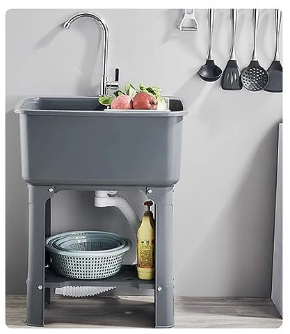 HCZION Kunststoff Waschbecken 1 Becken Spülbecken Freistehende Spültisch 60cm Küchenspüle Mobiles Handwaschbecken Gewerbliche Ausgussbecken (Color : Grey, Size : 40x60cm/15.7x23.6in)