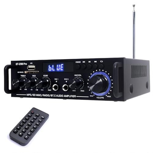 WOOPKER HiFi-Verstärker mit Bluetooth 5.0 Mini Verstärker Heimkino-Stereo-Receiver Höhen und Bässe mit USB/RCA/MIC/FM (BT-298 pro)