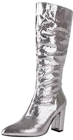 Berimaterry Stivali da donna, stivali alti al ginocchio, pelle PU, chiusura lampo, scarpe da ballo, argento, 42 EU