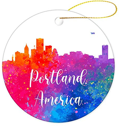 Weihnachtsbaumschmuck 7.3cm, Amerika-Portland-Stadt-Aquarell Runde Keramik Ornament Ideal Weihnachtsschmuck Andenken Christbaumschmuck Anhänger Für Hausdeko Weihnachtsbaum Party